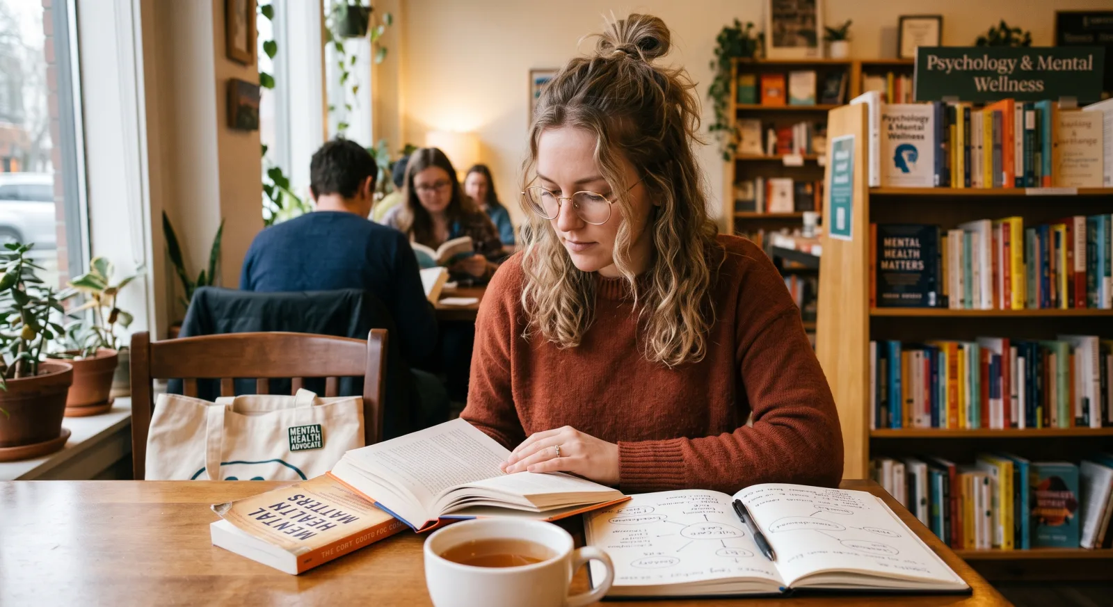 A mental health learner reading and taking notes at a café table